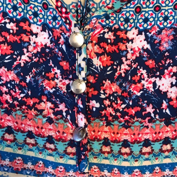 Sami Jo Printed Semi Sheer Summer Blouse Plus Size 1X Blue Pink High Low Hemline - Picture 5 of 10